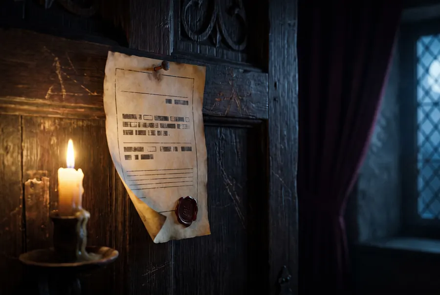 A printed notice pinned at eye height to a heavy dark door, lit by a candle.